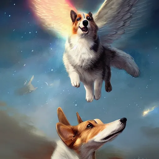 Image similar to corgi with [ angelic wings ]!!, [ flying like a superhero ]!! in the [ night sky ]!! where the stars are visibly perceptible, [ realistic photo ]!!, [ illustrated by greg rutkowski ]!!, trending on artstation