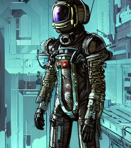 Image similar to realistic cyberpunk engineer with long limbs and a black spacesuit on a spacewalk, techwear, dead space, visible face, Industrial Scifi, detailed illustration, character portrait, by Ashley Wood and Moebius