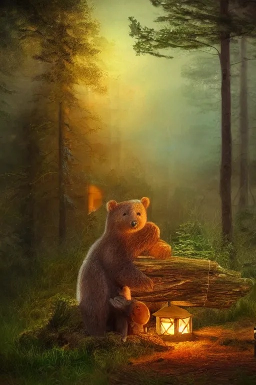 Prompt: Little house in gloomy woods with a bear sat on a log at a fire with a man with a lantern approaching it. Oil painting. Ultra HD. Sharp. Beautiful woods. Volumetric lighting. Ambient.