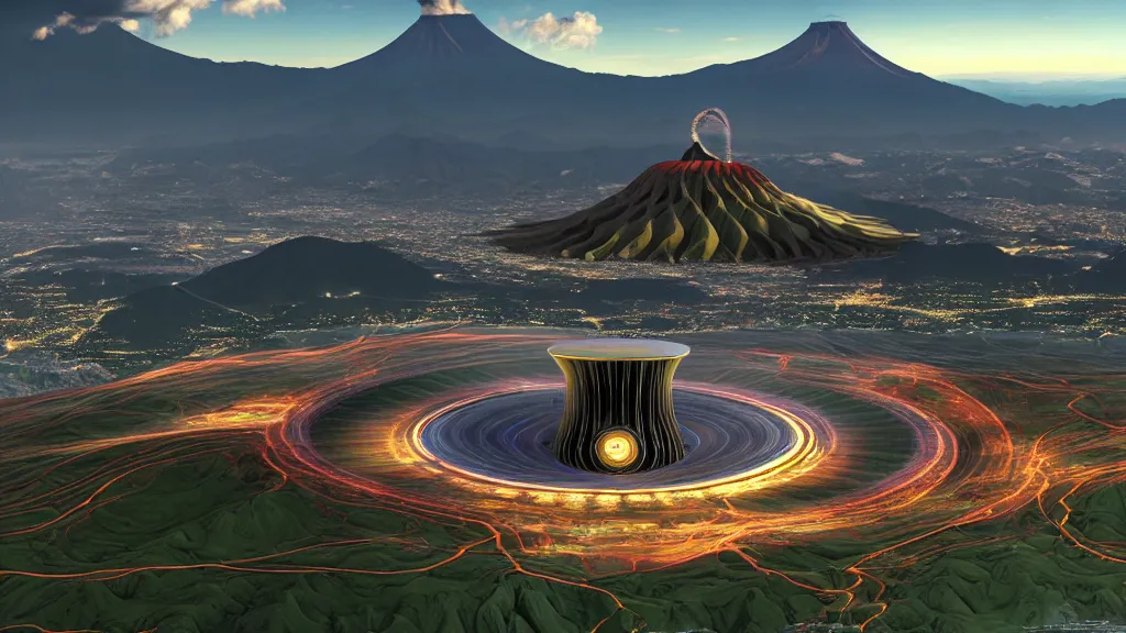 Image similar to Epic Giant Nuclear Reactor over the mountain valley of Quito, Ecuador; by Oswaldo Moncayo and Vincent Callebaut; Avatar Computer Graphics Cinema Style; 4K, 8K; ultimate landscape shot;