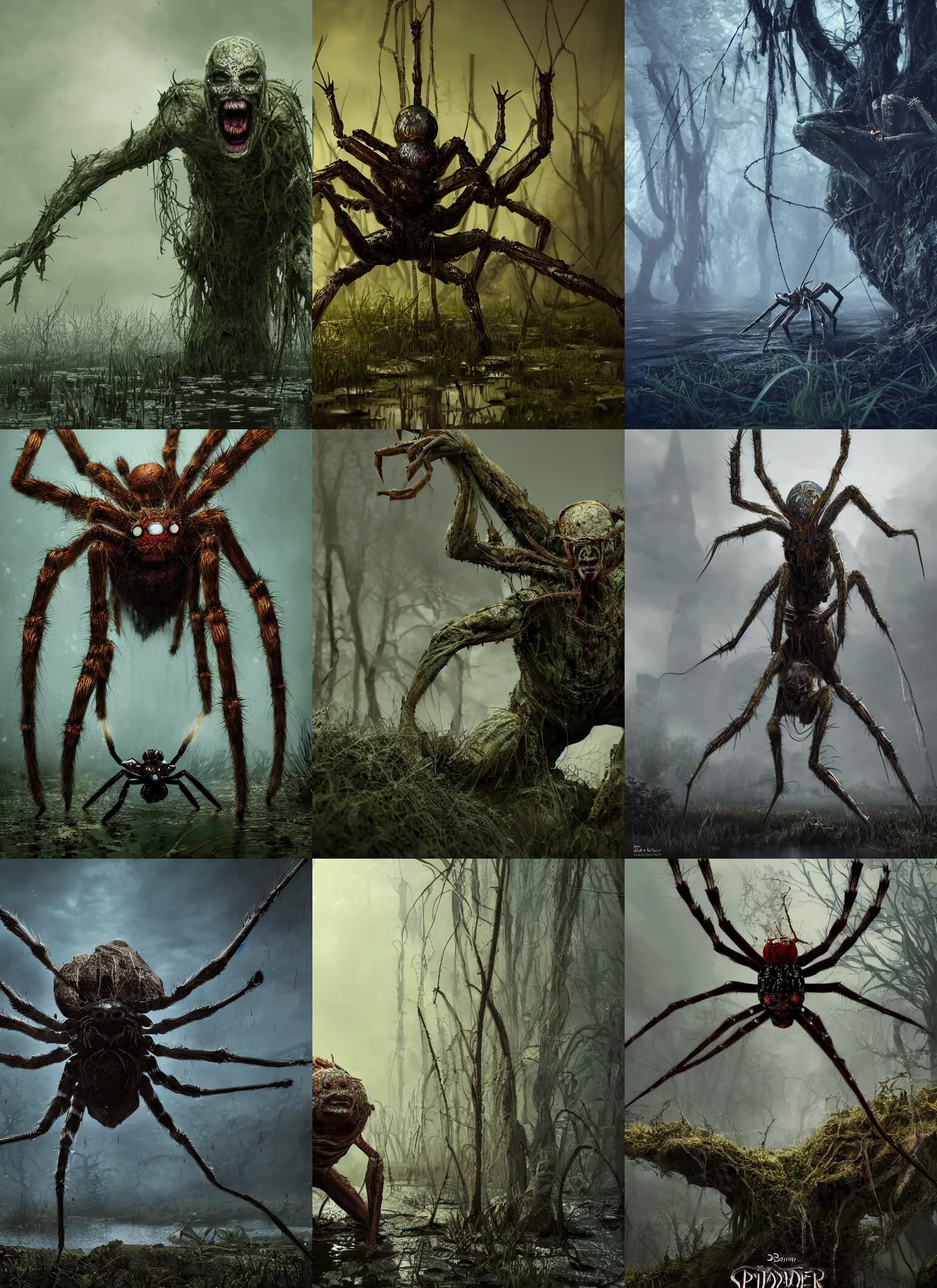 Image similar to spider living in the swamp Slavic mythology. Full body, dark fantasy, detailed and realistic, 4k, top-artstation, inspired Blizzard and Bethesda games, octane render