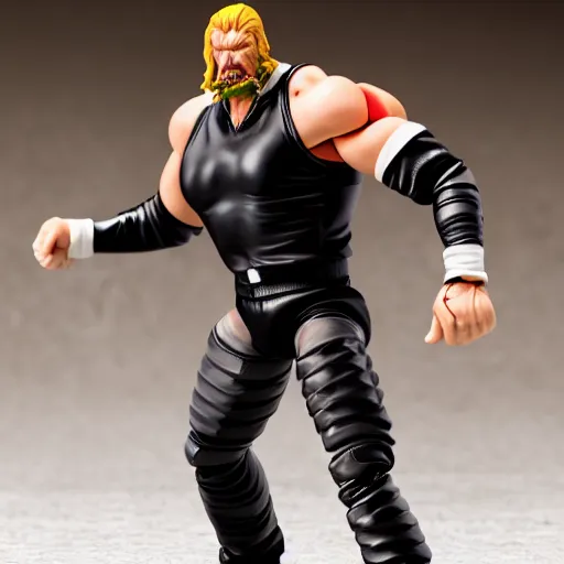 Image similar to Full body shot of a highly detailed flexible Triple H vinyl plastic figurine as a villain, highly detailed face, white background, 3d, high quality, depth of field, high contrast, 8k, concept art, smooth, sharp focus, highly detailed, wrestling, WWE