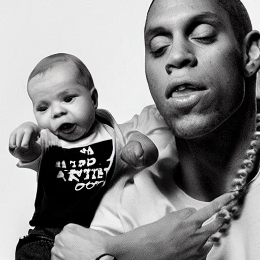 Prompt: A baby disses Eminem, award-winning photograph,