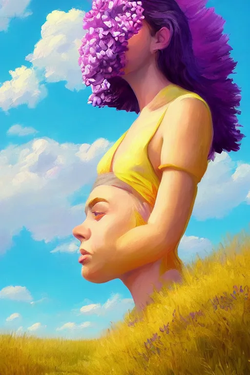 Prompt: portrait, giant lilac flower as head, girl on beach, surreal photography, golden hour, colorful clouds, impressionist painting, digital painting, artstation, simon stalenhag