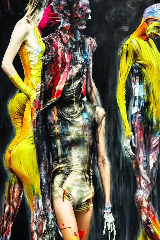 Image similar to crazy fashion catwalk, one model, crazy clothes, biopunk style, horror, hauntingly surreal, highly detailed painting by francis bacon, edward hopper, adrian ghenie, gerhard richter, and james jean soft light 4 k,