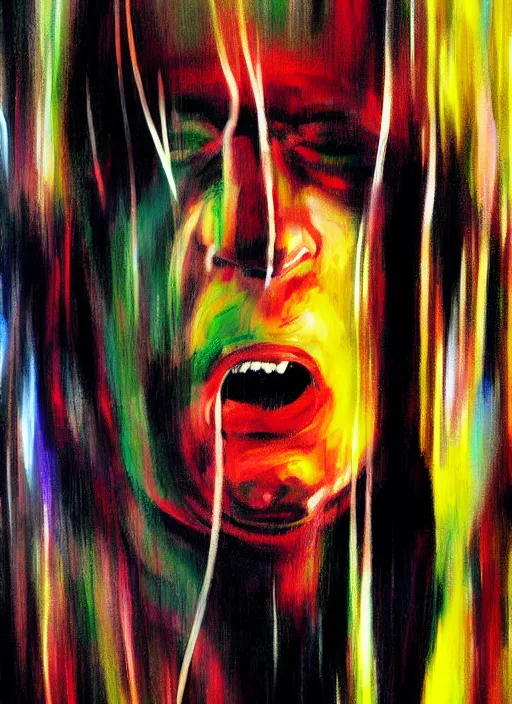 Image similar to saul goodman, screaming, painting by david lynch,'action lines '!!!, graphic style, visible brushstrokes, motion blur, blurry