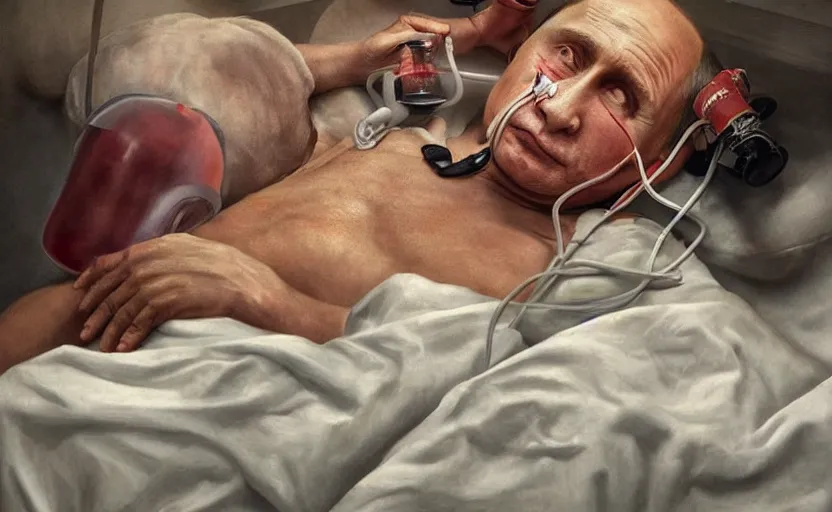 Image similar to hyperrealistic painting of very ill Vladimir Putin as a patient wearing an oxygen mask on a death bed inhaling from Copium tank that stand near his bed, dimly lit cozy tavern, leather tunic, confident relaxed pose, d&d, stunning 3d render inspired art by Tim Okamura and Lise Deharme + perfect facial symmetry + dim volumetric lighting, 8k octane beautifully detailed render, post-processing, extremely hyperdetailed, intricate, epic composition, grim yet sparkling atmosphere, cinematic lighting + masterpiece, trending on artstation, very very detailed, masterpiece, stunning