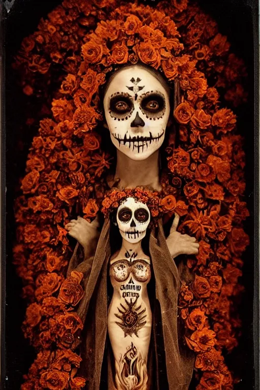 Image similar to calotype virgin mary in dia de muertos dress and make up, horrific beautiful vibe, evocative, atmospheric lighting, painted, intricate, highly detailed, leesha hannigan, wayne haag, reyna rochin, ignacio fernandez rios, mark ryden, iris van herpen, stunning, gorgeous, sharp focus, cinematic, masterpiece