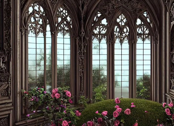 Image similar to epic gothic mansion, ornate windows, growing vines with roses, highly detailed, ink illustration by marc simonetti, 8 k render, peter mohrbacher, hyper detailed, intricate, elite, ornate, blue paper with silver ink, luxury, dramatic lighting, cgsociety, hypermaximalist, environmental key art, octane render, weta digital, ray trace 4 k