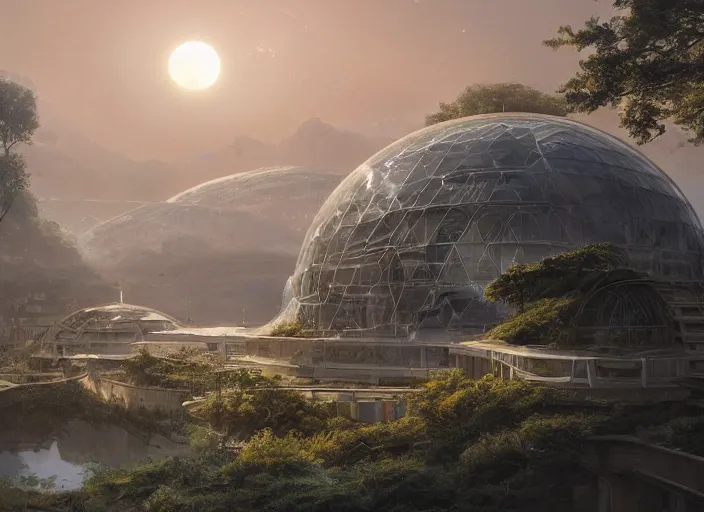 Prompt: highly detailed digital matte painting of a beautiful biodome, by Raphael LaCoste and Ruan Jia and Robert McCall, postcyberpunk, geodesic dome, hyperdetailed, sunrise, wide shot, autochrome, octane render
