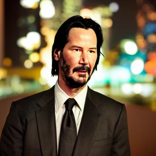 Image similar to a still of Keanu Reeves. Shallow depth of field. City at night in background, lights, colors ,studio lighting, mood, 4K. Profession photography