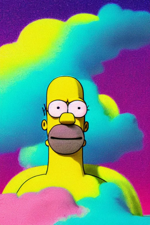 Prompt: high quality pastel coloured film close up wide angle photograph of homer simpson wearing clothing swimming on cloud furniture in a icelandic black rock environment in a partially haze filled dreamstate world. three point light, rainbow. photographic production. art directed. pastel colours. volumetric clouds. pastel gradient overlay. waves glitch artefacts. extreme facial clarity. 8 k. filmic.