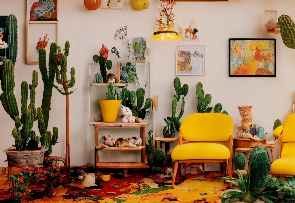 Prompt: 1970s interior magazine photo of two yellow armchairs with a glowing lava lamp next to it, at dusk, with kittens, wooden walls with framed art, and a potted cactus and some hanging plants, with dappled light coming in through a circular window