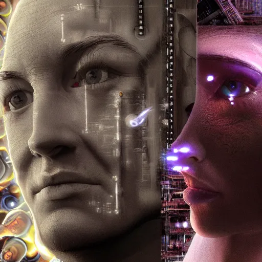 Image similar to full face close up portrait, sandman's visions of chaos in a thriving dystopia, by peter woodroffe, by igor morski, by laurie lipton, in a cyber - punk ally, cinematic lighting, volumetric lighting, neosurrealism, realistic shadows, particle effects, rendered in octane, noir, electric, cosmic, cybernetics