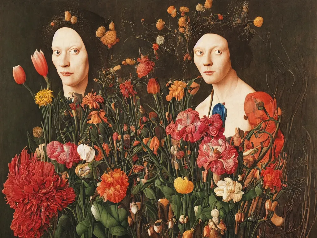 Prompt: Portrait of Meth addict with beautiful, exotic flowers. Painting by Jan van Eyck, Audubon, Maria Sybilla Merian, Rene Magritte, Agnes Pelton, Max Ernst, Walton Ford