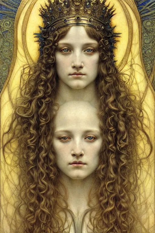 Image similar to detailed realistic beautiful young medieval queen face portrait by jean delville, gustave dore and marco mazzoni, art nouveau, symbolist, visionary, gothic, pre - raphaelite. horizontal symmetry