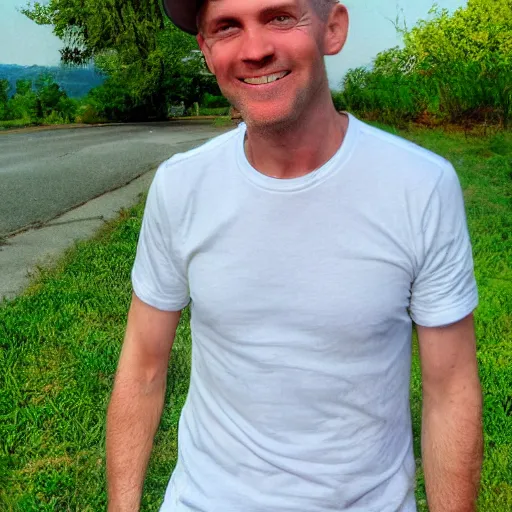 Prompt: color photograph of a 40 year old very handsome white skinny man with short, curly, blond hair and very small blue eyes, dressed in a white t shirt, gray shorts and a gray cabby cap, with a small mole to the right of his very thin lips, with a straight nose and blond stubble, with a round face, and an earring in the left ear. He resembles a lion.