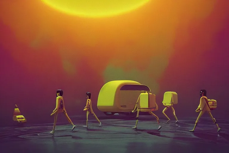 Image similar to the beatles on a yellow spaceship, art by mike winkelmann, trending on cgsociety, retrofuturism, darksynth, sci - fi