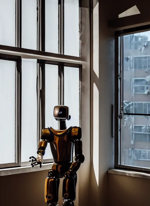 Image similar to Industrial style humanoid robot wearing human clothes, drinking a cup of coffee, standing in front of his apartment window looking outside, global illumination, radiant light, detailed and intricate environment