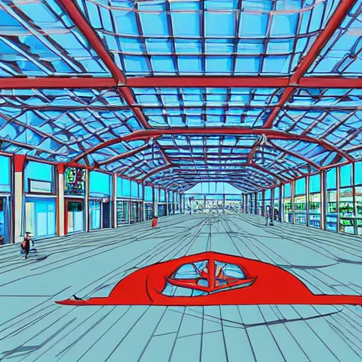 Prompt: mall, truss building, red trusses, complex truss roof, truss ceiling, building, geodesic building, cel - shading, 2 0 0 1 anime, flcl, jet set radio future, the world ends with you, bright sunshine, cel - shaded, strong shadows, vivid hues, y 2 k aesthetic, art by artgerm