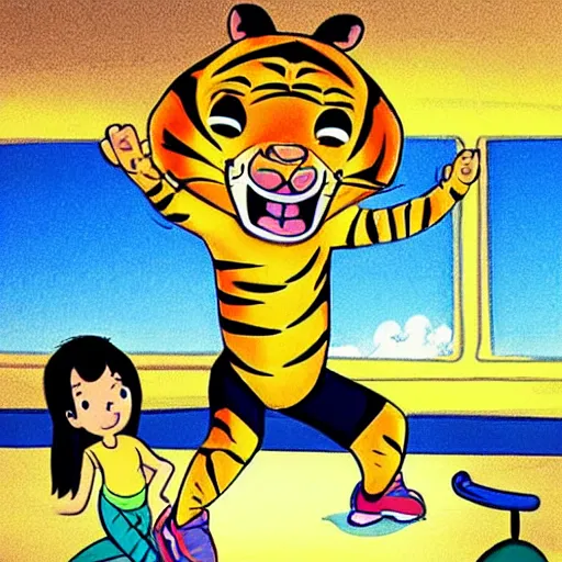 Prompt: “a tiger exercising at a gym, children cartoon, Disney”