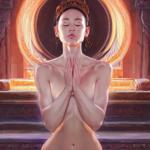 Image similar to Art station concept of a beautiful girl kneeling in front of a religious shrine, Hypnosis, Trance, symmetrical face, smooth body features, by Stanley Artgerm Lau, WLOP, Rossdraws, James Jean, Andrei Riabovitchev, Marc Simonetti, and Sakimichan, trending on artstation