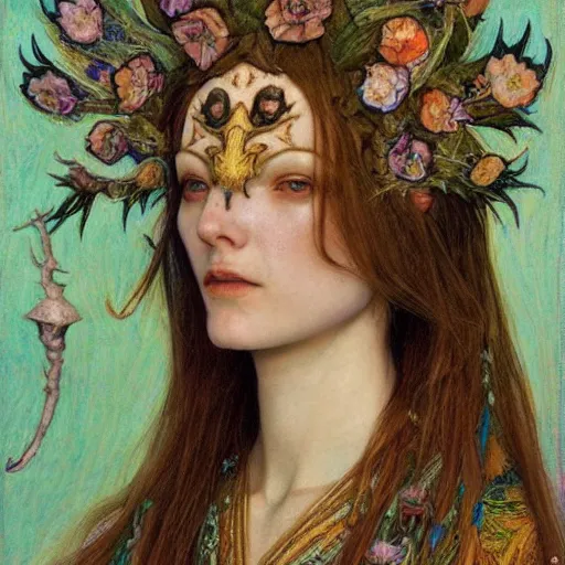 Image similar to the bone crown, by Annie Swynnerton and Nicholas Roerich and Donato Giancola, embroidered robes, floral tattoos, bioluminescent, elaborate costume, geometric ornament, symbolist, soft colors, dramatic lighting, smooth, sharp focus, extremely detailed