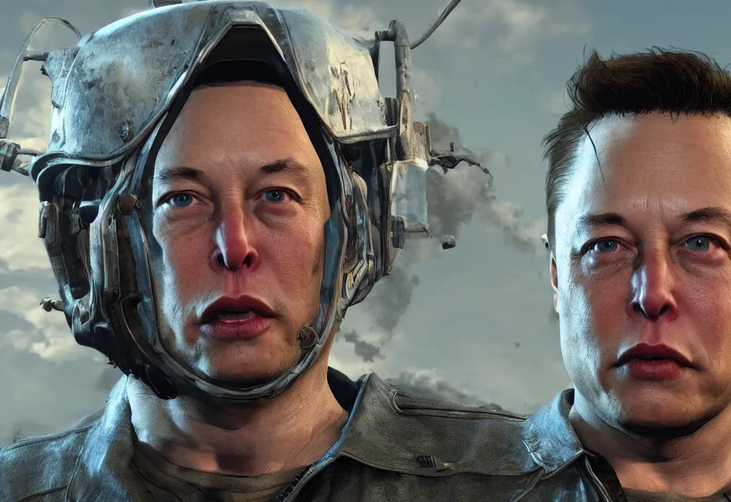 Image similar to elon musk in the video game in fallout 4, apocalyptic wastland, close up, 3 d rendering. unreal engine. amazing likeness. very detailed.