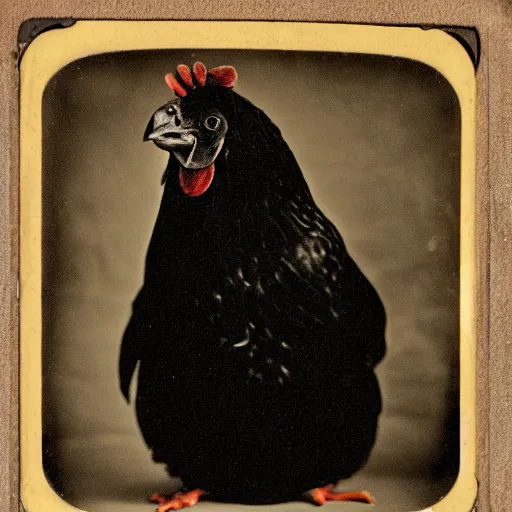 Image similar to Tintype photograph of chonky black chicken as an overweight subject. 1990s studio lighting.