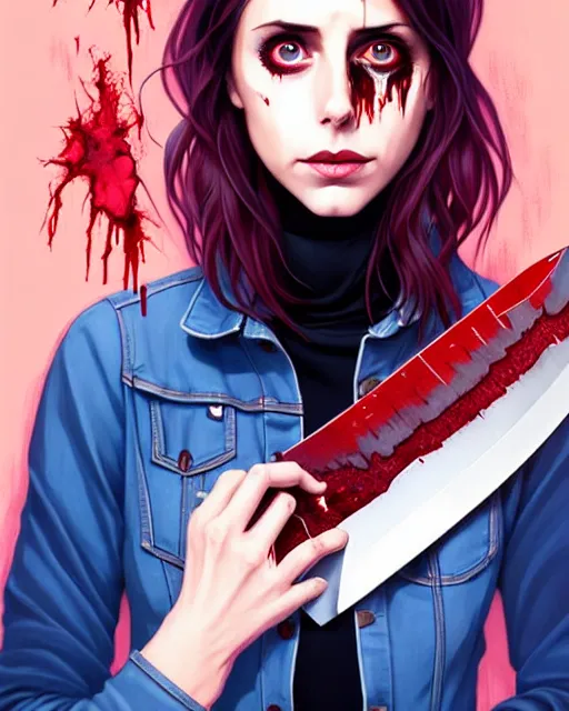 Image similar to loish, artgerm, Joshua Middleton art, Rafeal Albuquerque, pretty Alison Brie serial killer holding bloody knife in right hand realistic hand, blood on clothes and face, sarcastic smile, symmetrical eyes, symmetrical face, jean jacket, jeans, short blonde hair, middle shot, night time, deep blacks