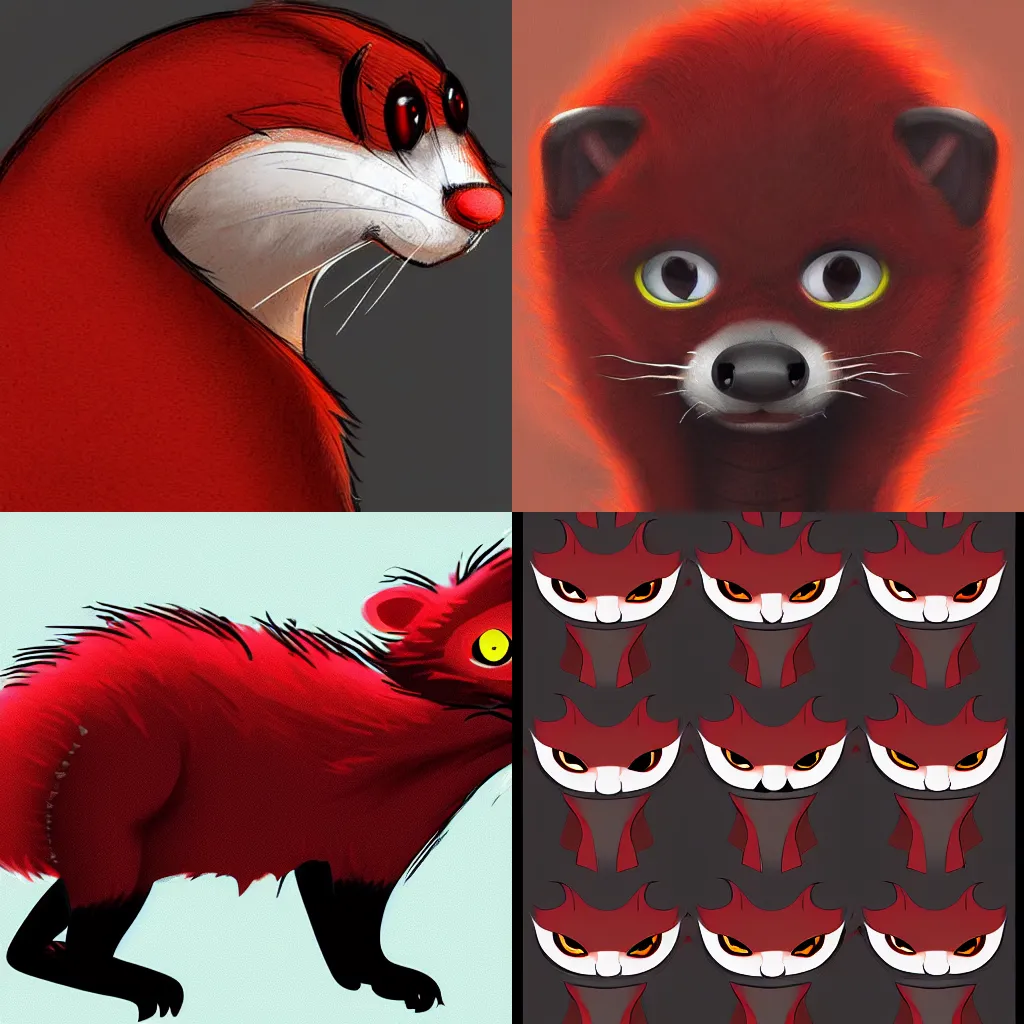 Prompt: detailed concepy art of a red / black furry weasel / stoat fursona, anthropomorphic, haunted eyes