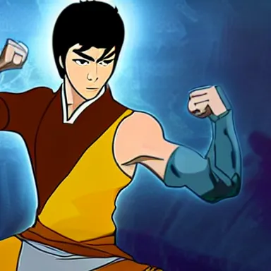 Image similar to a cartoon of Bruce Lee in the style of Legend of Korra, Avatar the Last Airbender