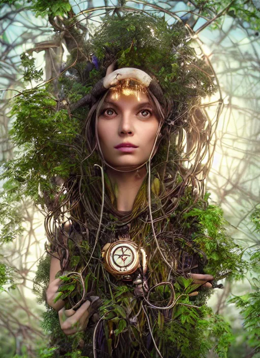 Image similar to goddess of technology in the forest, covered with plants and mushrooms, hair made of cords and wires, electricity, beautiful symmetrical face, steampunk, one head, a lot of jewellery, gold, earrings, gears - mystical forest - octane render, 8 k, cinematic light