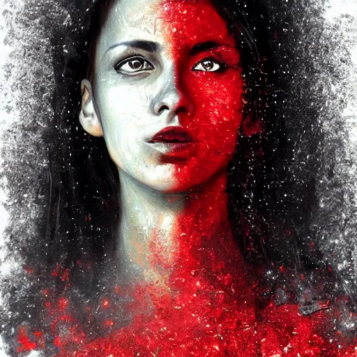 Prompt: masterpiece dynamic portrait of an aesthetic beautiful realistic black haired woman protesting, 3 0 years old woman, mid long hair, black eyed, red peace and love symbol on the cheek, digital painting by john howe, atmospheric red effects, sparkles, artstation, deviantart, large view, motion blur, black background