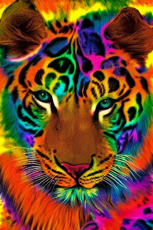 Image similar to damaged lisa frank daguerreotype, muted colours, detailed psychedelic gothic feline portrait of lion headed demonic chaos god in the service of Slaanesh , tiger stripes, leopard spots