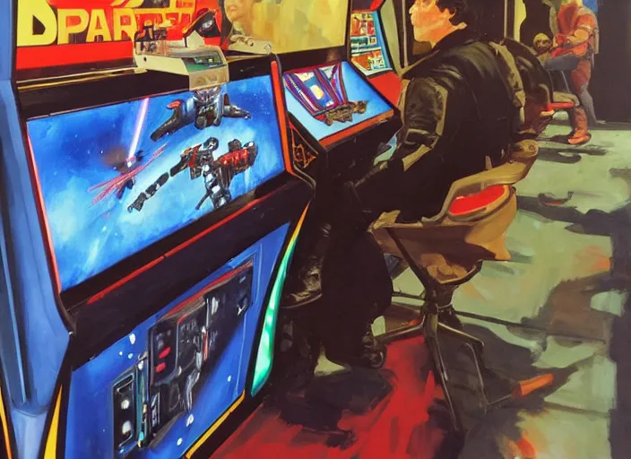 Image similar to a highly detailed beautiful portrait of a darth vader playing space invaders on an arcade machine, by gregory manchess, james gurney, james jean