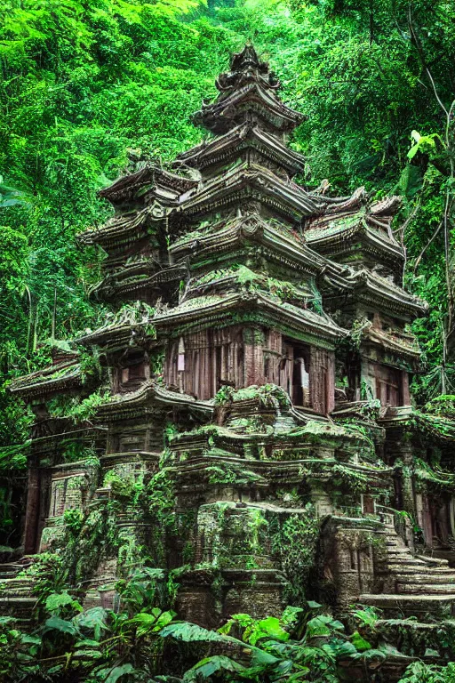 Prompt: abandoned fractal temple in middle of a rainforest, realistic dslr photograph, shot on film