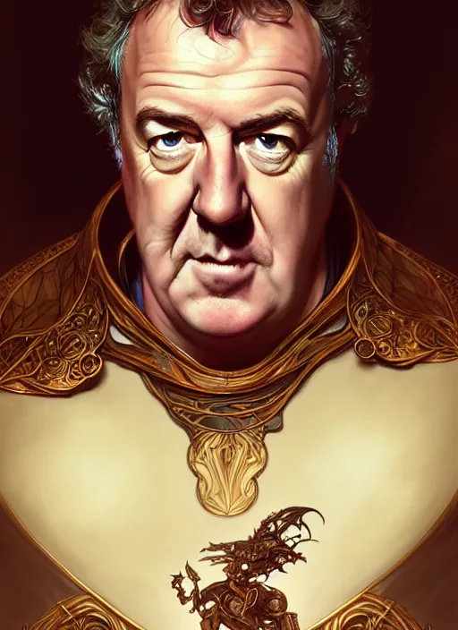 Image similar to portrait of jeremy clarkson, d & d, fantasy, intricate, elegant, highly detailed, digital painting, artstation, concept art, smooth, sharp focus, illustration, art by artgerm and greg rutkowski and alphonse mucha