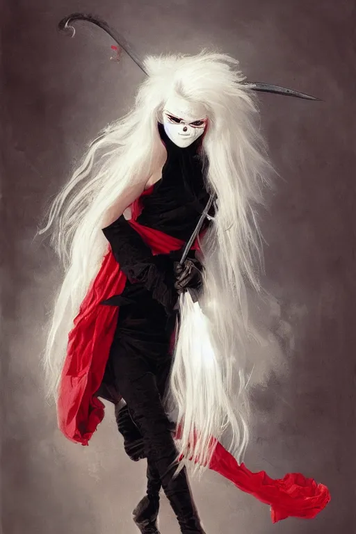 Image similar to a vampire with long light white hair and a red scarf, wearing a black mask over her mouth, windy, ribbons, melancholic, modern maximalist fashion dress, is ( ( holding a sword ) ). light dust, magnificent, hyperdetailed, theatrical, painted by jean honore fragonard and greg rutkowski