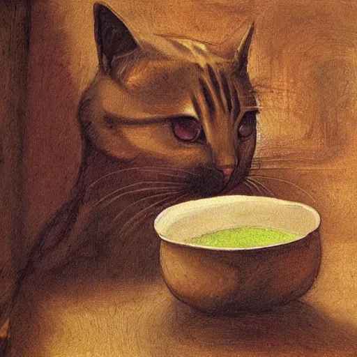 Image similar to the cat cooks soup, drawn by Leonardo Da Vinci, oil painting, trending in Artstation, artstationHD, 4k