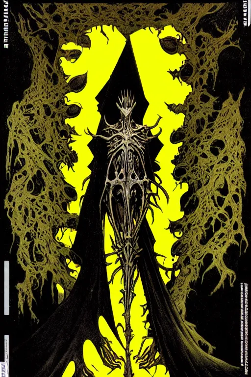 Image similar to black and yellow flat color, mucha, richard corben, wayne barlowe, moebius, heavy metal comic cover art, psychedelic triangular skeletal calcification fungus lich in darkiron spike armor, full body, hollow eyes, symmetrical face, long black crown, in a dungeon background, moody dark colors