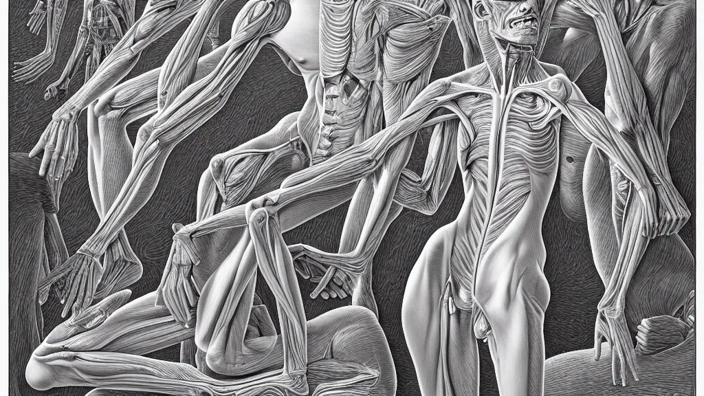 Image similar to highly detailed illustration of the human anatomy by juan gatti, by moebius!!, by gottfried bammes, by alex grey