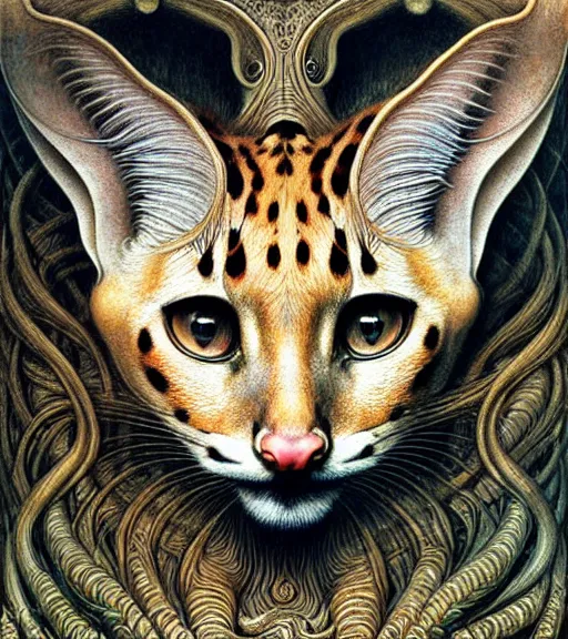 Image similar to detailed realistic beautiful serval goddess face portrait by jean delville, gustave dore, iris van herpen and marco mazzoni, art forms of nature by ernst haeckel, art nouveau, symbolist, visionary, gothic, neo - gothic, pre - raphaelite, fractal lace, intricate alien botanicals, ai biodiversity, surreality, hyperdetailed ultrasharp octane render