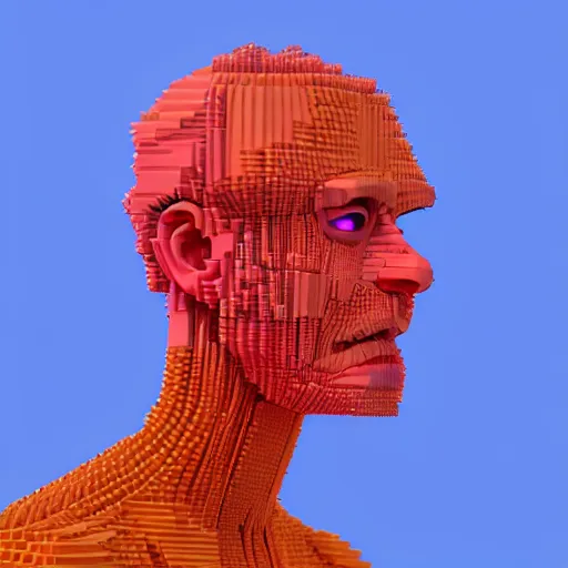 Image similar to Colour Caravaggio and Voxel style full body portrait Photography of Highly detailed Man with 1000 years old perfect face with reflecting glowing skin wearing highly detailed sci-fi VR headset designed by Josan Gonzalez. Many details . In style of Josan Gonzalez and Mike Winkelmann and andgreg rutkowski and alphonse muchaand and Caspar David Friedrich and Stephen Hickman and James Gurney and Hiromasa Ogura. Rendered in Blender and Octane Render volumetric natural light