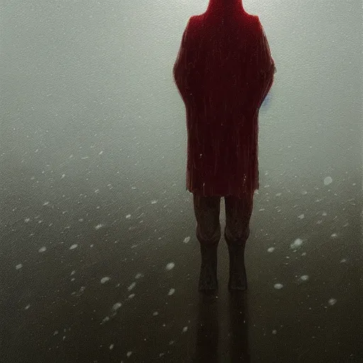 Image similar to a painting of a person standing in the snow, a surrealist painting by zdzisław beksinski and by alena aenami, deviantart, nuclear art, dystopian art, apocalypse landscape, surrealist