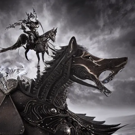 Image similar to actionism, soft painting fractal curiosities carnival, a single beautiful female in full gothic armor, riding a cavalry wolf, accurate features, focus, very intricate ultrafine details, black white purple volumetric clouds, award winning masterpiece, octane render 8 k hd