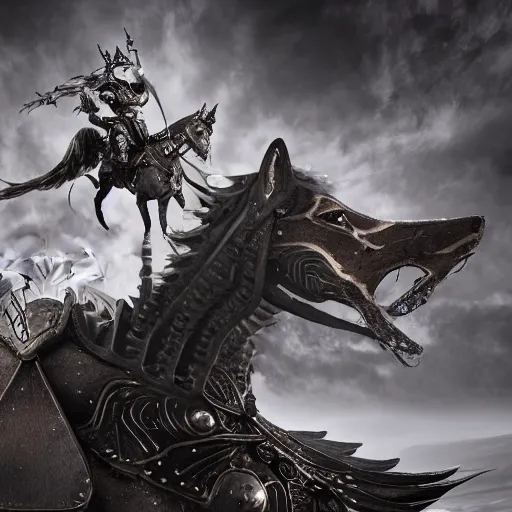 Prompt: actionism, soft painting fractal curiosities carnival, a single beautiful female in full gothic armor, riding a cavalry wolf, accurate features, focus, very intricate ultrafine details, black white purple volumetric clouds, award winning masterpiece, octane render 8 k hd