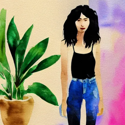 Image similar to a room full of beautiful house plants and a pretty caucasian woman with pale skin, long black hair with bangs, wearing shorts and t shirt, walking happily, abstract, golden light, beautiful watercolor art trending on artstation