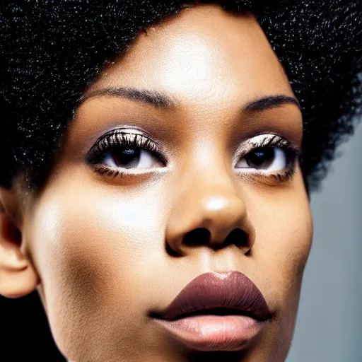 Prompt: close up of head of a black fashion model with afro, black background, official valentino editorial, highly detailed