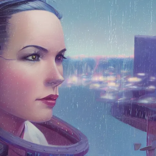 Image similar to detailed face of a woman, clockwork, moment, tectonic sky, skydome, bullet train, turbines, utopian, tech noir, wet reflections, prism, atmospheric, ambient, pj crook, syd mead, livia prima, artgerm, greg rutkowski, nick alm, casey baugh